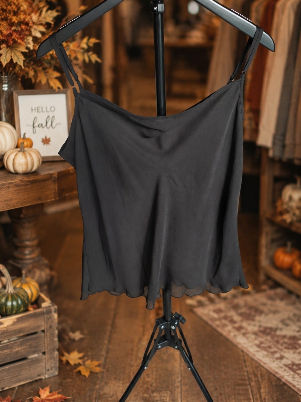 Women's Black Satin V-Neck Camisole with Scalloped Hem - Classic, Witchy, Goth - Picture 2 of 5